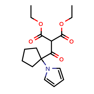 Chemical structure of diethyl 2-(1-(1H-pyrrol-1-yl)cyclopentanecarbonyl)malonate , CAS 2231674-58-9, AChemBlock P43736