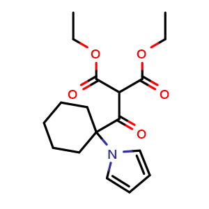 Chemical structure of diethyl 2-(1-(1H-pyrrol-1-yl)cyclohexanecarbonyl)malonate , CAS 2231676-77-8, AChemBlock P43737
