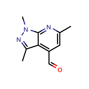 Chemical structure of 1,3,6-trimethyl-1H-pyrazolo[3,4-b]pyridine-4-carbaldehyde , CAS 1936585-84-0, AChemBlock P43752