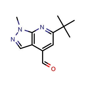 Chemical structure of 6-tert-butyl-1-methyl-1H-pyrazolo[3,4-b]pyridine-4-carbaldehyde , CAS 1982857-01-1, AChemBlock P43753