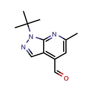 Chemical structure of 1-tert-butyl-6-methyl-1H-pyrazolo[3,4-b]pyridine-4-carbaldehyde , CAS 1924363-18-7, AChemBlock P43754
