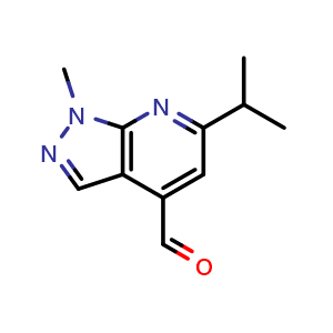 Chemical structure of 1-methyl-6-(propan-2-yl)-1H-pyrazolo[3,4-b]pyridine-4-carbaldehyde , CAS 1989985-71-8, AChemBlock P43757