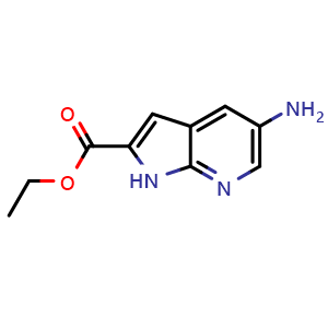 Chemical structure of ethyl 5-amino-1H-pyrrolo[2,3-b]pyridine-2-carboxylate , CAS 1638771-09-1, AChemBlock P43796