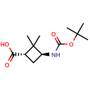 Chemical structure of trans-3-(boc-amino)-2,2-dimethylcyclobutanecarboxylic acid , CAS 1392803-26-7, AChemBlock P43881