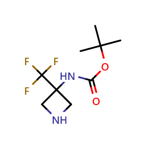 Chemical structure of tert-butyl N-[3-(trifluoromethyl)azetidin-3-yl]carbamate , CAS 1408076-17-4, AChemBlock P43890