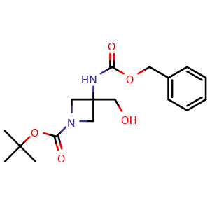 Chemical structure of tert-butyl 3-{[(benzyloxy)carbonyl]amino}-3-(hydroxymethyl)azetidine-1-carboxylate , CAS 1363380-94-2, AChemBlock P43914