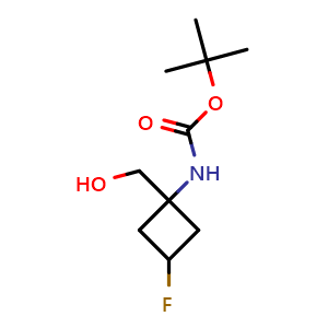 Chemical structure of tert-butyl N-[3-fluoro-1-(hydroxymethyl)cyclobutyl]carbamate , CAS 1232365-48-8, AChemBlock P43943