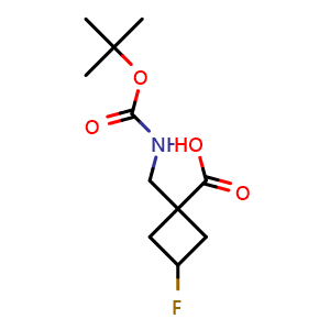 Chemical structure of 1-({[(tert-butoxy)carbonyl]amino}methyl)-3-fluorocyclobutane-1-carboxylic acid , CAS 1363380-71-5, AChemBlock P43948