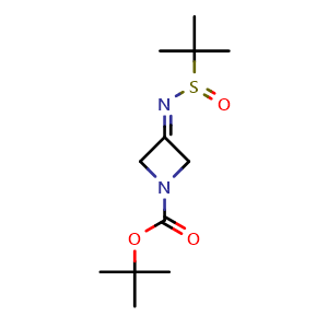 Chemical structure of tert-butyl 3-[(2-methylpropane-2-sulfinyl)imino]azetidine-1-carboxylate , CAS 1291487-32-5, AChemBlock P44075