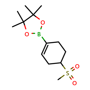 Chemical structure of 2-(4-methanesulfonylcyclohex-1-en-1-yl)-4,4,5,5-tetramethyl-1,3,2-dioxaborolane , CAS 862129-71-3, AChemBlock P44104