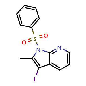 Chemical structure of 1-(benzenesulfonyl)-3-iodo-2-methyl-1H-pyrrolo[2,3-b]pyridine , CAS 943324-07-0, AChemBlock P44211