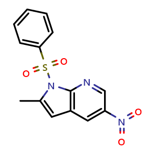 Chemical structure of 1-(benzenesulfonyl)-2-methyl-5-nitro-pyrrolo[2,3-b]pyridine , CAS 1186501-88-1, AChemBlock P44215
