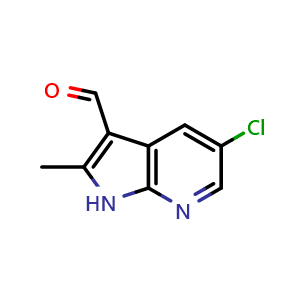 Chemical structure of 5-chloro-2-methyl-1H-pyrrolo[2,3-b]pyridine-3-carbaldehyde , CAS 954112-62-0, AChemBlock P44226