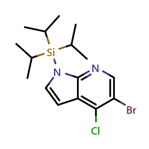 Chemical structure of 5-bromo-4-chloro-1-[tris(propan-2-yl)silyl]-1H-pyrrolo[2,3-b]pyridine , CAS 685513-96-6, AChemBlock P44238