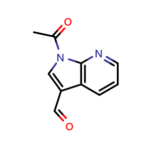 Chemical structure of 1-acetyl-1H-pyrrolo[2,3-b]pyridine-3-carbaldehyde , CAS 155819-07-1, AChemBlock P44347