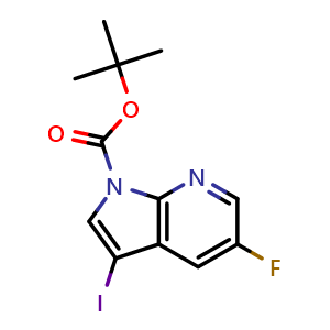 Chemical structure of tert-butyl 5-fluoro-3-iodo-1H-pyrrolo[2,3-b]pyridine-1-carboxylate , CAS 928653-78-5, AChemBlock P44515