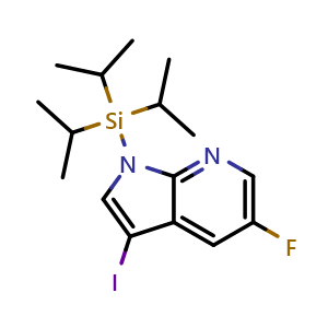 Chemical structure of 5-fluoro-3-iodo-1-[tris(propan-2-yl)silyl]-1H-pyrrolo[2,3-b]pyridine , CAS 928653-76-3, AChemBlock P44516