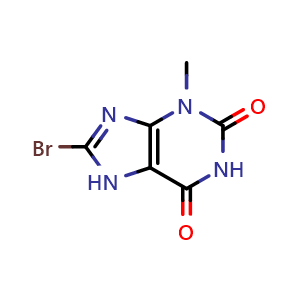 Chemical structure of 8-bromo-3-methyl-2,3,6,7-tetrahydro-1H-purine-2,6-dione , CAS 93703-24-3, AChemBlock P44633