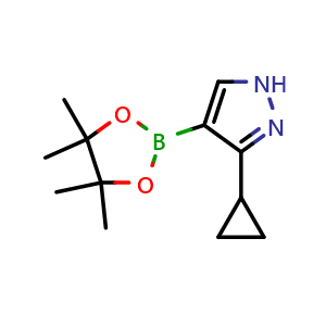 Chemical structure of 3-cyclopropyl-4-(tetramethyl-1,3,2-dioxaborolan-2-yl)-1H-pyrazole , CAS 957345-32-3, AChemBlock P44721