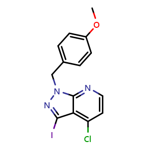 Chemical structure of 4-chloro-3-iodo-1-[(4-methoxyphenyl)methyl]-1H-pyrazolo[3,4-b]pyridine , CAS 949558-31-0, AChemBlock P44753