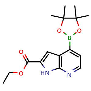 Chemical structure of 4-(4,4,5,5-tetramethyl-1,3,2-dioxaborolan-2-yl)-1H-pyrrolo[2,3-b]pyridine-2-carboxylic acid ethyl ester , CAS 945865-21-4, AChemBlock P44759