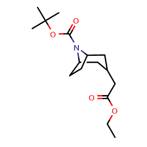 Chemical structure of tert-Butyl 3-(2-ethoxy-2-oxoethyl)-8-azabicyclo[3.2.1]octane-8-carboxylate , CAS 944086-55-9, AChemBlock P44766