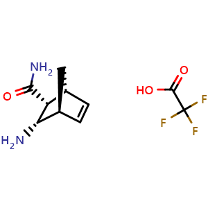 Chemical structure of (1R,2R,3S,4S)-rel-3-aminobicyclo[2.2.1]hept-5-ene-2-carboxamide; trifluoroacetic acid , CAS 942137-72-6, AChemBlock P44775