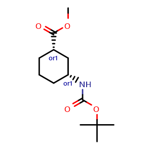 Chemical structure of rel-methyl (1S,3R)-3-((tert-butoxycarbonyl)amino)cyclohexane-1-carboxylate , CAS 930596-35-3, AChemBlock P44822