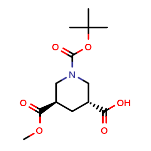 Chemical structure of trans-1-[(tert-butoxy)carbonyl]-5-(methoxycarbonyl)piperidine-3-carboxylic acid , CAS 914261-00-0, AChemBlock P44865