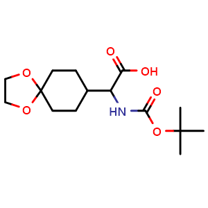 Chemical structure of 2-{[(tert-butoxy)carbonyl]amino}-2-{1,4-dioxaspiro[4.5]decan-8-yl}acetic acid , CAS 876761-75-0, AChemBlock P44998