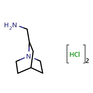 Chemical structure of 1-{1-azabicyclo[2.2.2]octan-2-yl}methanamine dihydrochloride , CAS 860502-92-7, AChemBlock P45063