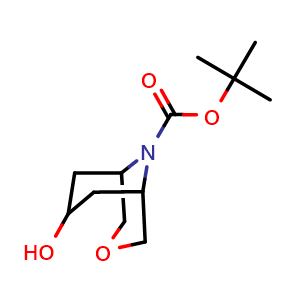 Chemical structure of tert-butyl 7-hydroxy-3-oxa-9-azabicyclo[3.3.1]nonane-9-carboxylate , CAS 652148-14-6, AChemBlock P45359
