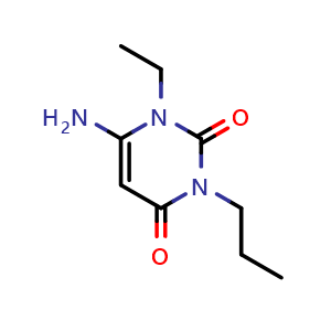 Chemical structure of 6-amino-1-ethyl-3-propyl-1,2,3,4-tetrahydropyrimidine-2,4-dione , CAS 63981-31-7, AChemBlock P45370