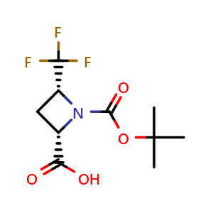 Chemical structure of cis-1-[(tert-butoxy)carbonyl]-4-(trifluoromethyl)azetidine-2-carboxylic acid , CAS 625846-63-1, AChemBlock P45386