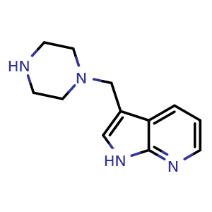 Chemical structure of 1-{1H-pyrrolo[2,3-b]pyridin-3-ylmethyl}piperazine , CAS 625386-57-4, AChemBlock P45387