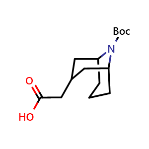 Chemical structure of 2-{9-[(tert-butoxy)carbonyl]-9-azabicyclo[3.3.1]nonan-3-yl}acetic acid , CAS 512822-32-1, AChemBlock P45533