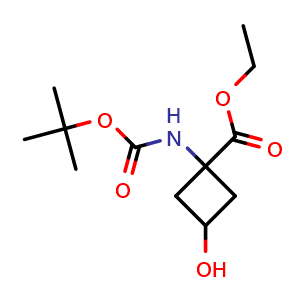 Chemical structure of ethyl 1-{[(tert-butoxy)carbonyl]amino}-3-hydroxycyclobutane-1-carboxylate , CAS 413597-67-8, AChemBlock P45637