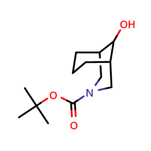 Chemical structure of tert-butyl 9-hydroxy-3-azabicyclo[3.3.1]nonane-3-carboxylate , CAS 389890-40-8, AChemBlock P45664