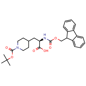Chemical structure of (2R)-3-{1-[(tert-butoxy)carbonyl]piperidin-4-yl}-2-({[(9H-fluoren-9-yl)methoxy]carbonyl}amino)propanoic acid , CAS 313052-00-5, AChemBlock P45774