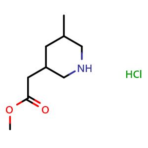Chemical structure of methyl 2-(5-methylpiperidin-3-yl)acetate hydrochloride , CAS 2177264-10-5, AChemBlock P45965