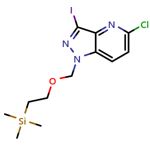 Chemical structure of 5-chloro-3-iodo-1-{[2-(trimethylsilyl)ethoxy]methyl}-1H-pyrazolo[4,3-b]pyridine , CAS 2170597-67-6, AChemBlock P45983