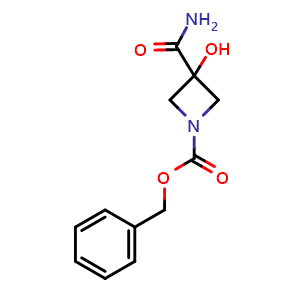 Chemical structure of benzyl 3-carbamoyl-3-hydroxyazetidine-1-carboxylate , CAS 2169439-95-4, AChemBlock P46005