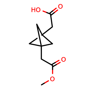 Chemical structure of 2-(3-(2-methoxy-2-oxoethyl)bicyclo[1.1.1]pentan-1-yl)acetic acid , CAS 2169365-68-6, AChemBlock P46006
