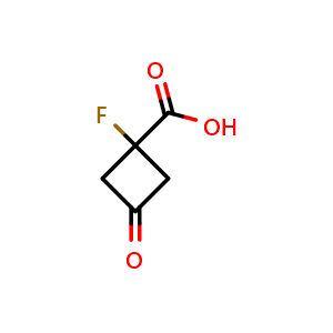 Chemical structure of 1-fluoro-3-oxocyclobutane-1-carboxylic acid , CAS 2169118-18-5, AChemBlock P46018