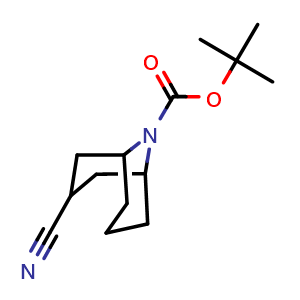Chemical structure of tert-butyl 3-cyano-9-azabicyclo[3.3.1]nonane-9-carboxylate , CAS 2167329-04-4, AChemBlock P46089