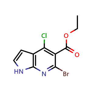 Chemical structure of ethyl 6-bromo-4-chloro-1H-pyrrolo[2,3-b]pyridine-5-carboxylate , CAS 2167213-68-3, AChemBlock P46095