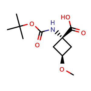 Chemical structure of trans-1-(tert-butoxycarbonylamino)-3-methoxy-cyclobutanecarboxylic acid , CAS 2166665-57-0, AChemBlock P46126