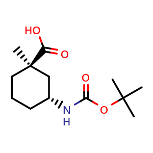 Chemical structure of (1R,3R)-3-{[(tert-butoxy)carbonyl]amino}-1-methylcyclohexane-1-carboxylic acid , CAS 2165979-04-2, AChemBlock P46140