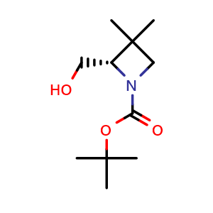 Chemical structure of tert-butyl (2S)-2-(hydroxymethyl)-3,3-dimethylazetidine-1-carboxylate , CAS 2165737-81-3, AChemBlock P46154