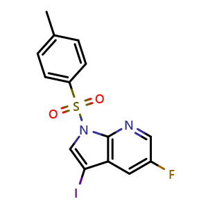 Chemical structure of 5-fluoro-3-iodo-1-(4-methylbenzenesulfonyl)-1H-pyrrolo[2,3-b]pyridine , CAS 2156614-73-0, AChemBlock P46173